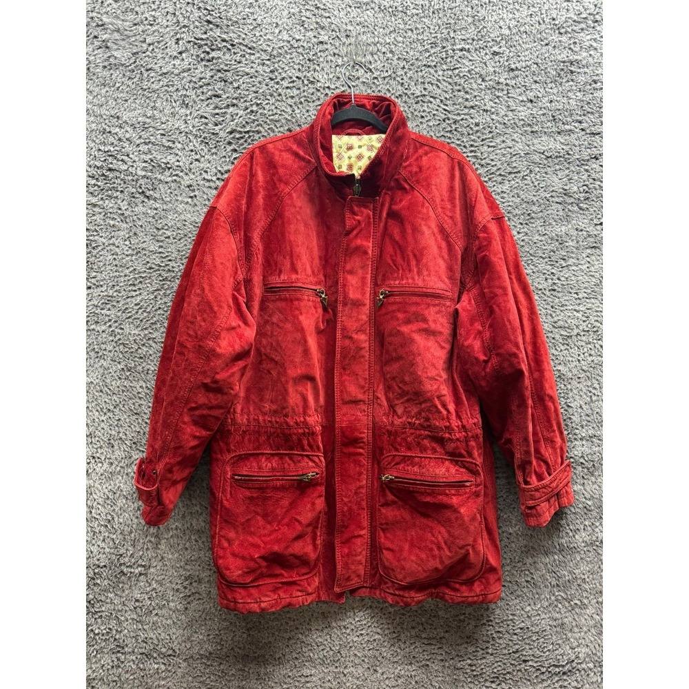 Vintage Valentino Pelle Wild Boar Suede Leather Full Zip Coat‎ Red Mens Size 52